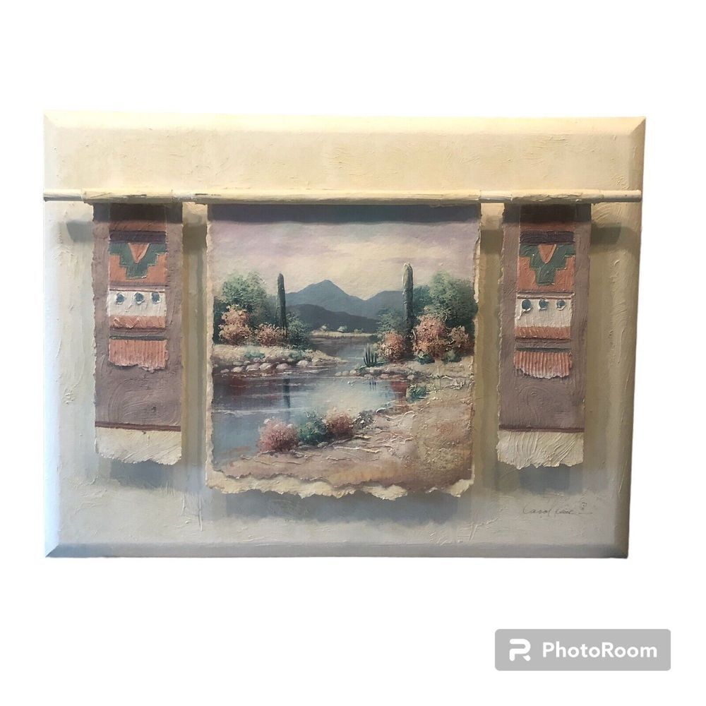 Carol Kim Signed Triptych Mixed Media Art Contempora 41x30 Aztec Western
